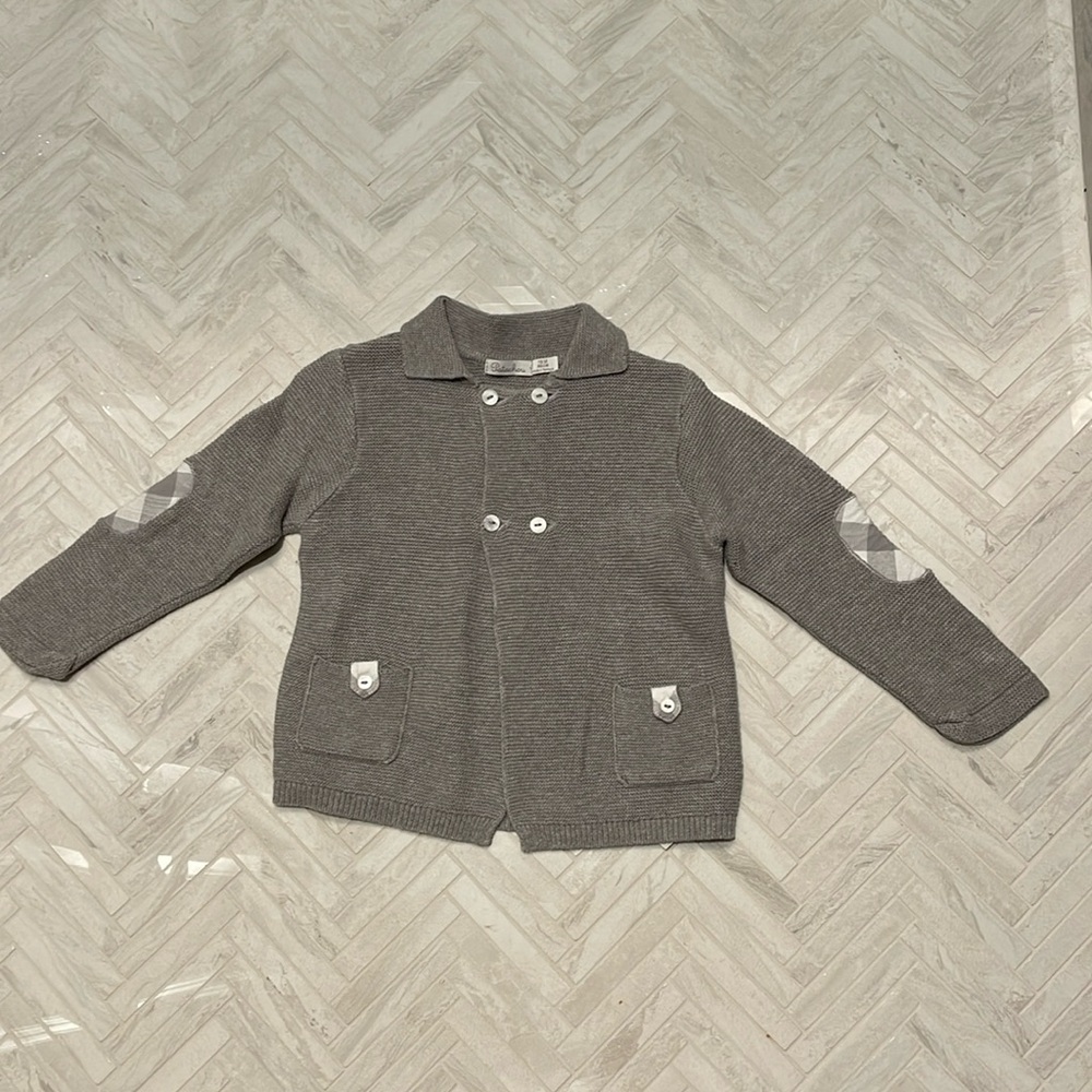 Patachou Gray Knit double button sweater with plaid detailing, 18mo